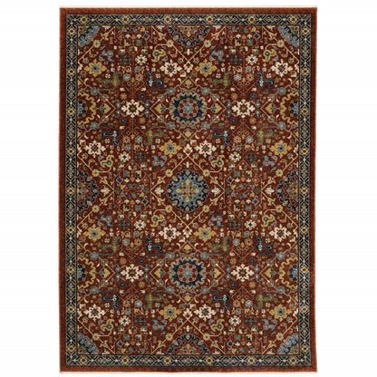 10 x 13 Red Blue Gold & Ivory Oriental Power Loom Stain Resistant Rug With Fringe