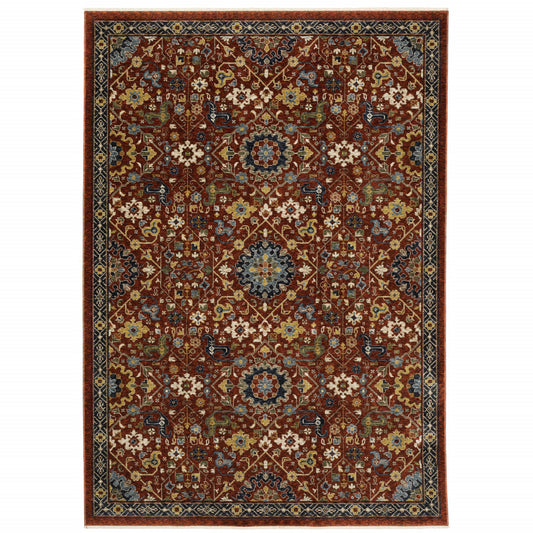 10 x 13 Red Blue Gold & Ivory Oriental Power Loom Stain Resistant Rug With Fringe
