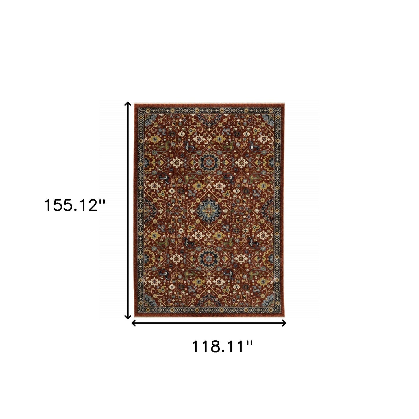 10 x 13 Red Blue Gold & Ivory Oriental Power Loom Stain Resistant Rug With Fringe