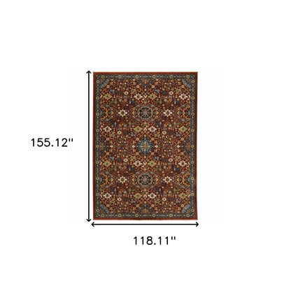 10 x 13 Red Blue Gold & Ivory Oriental Power Loom Stain Resistant Rug With Fringe