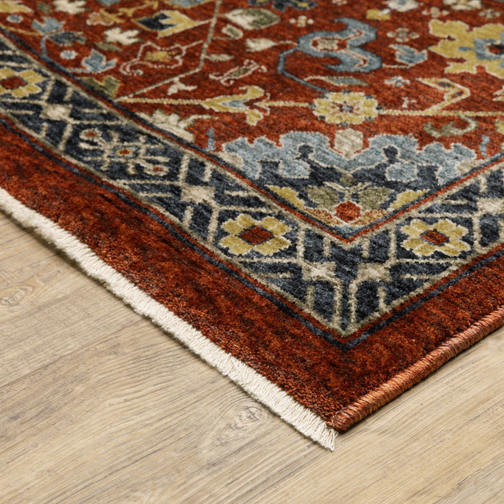 10 x 13 Red Blue Gold & Ivory Oriental Power Loom Stain Resistant Rug With Fringe