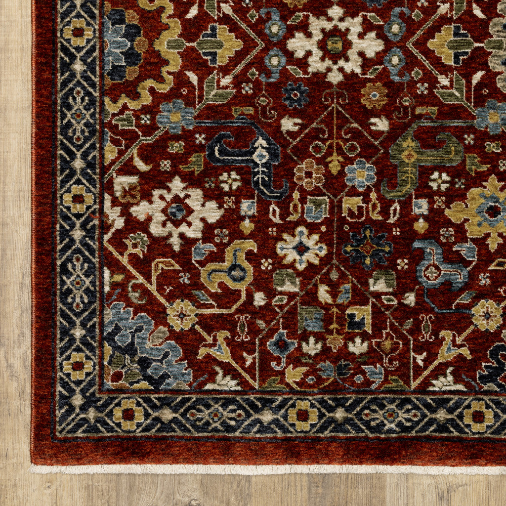 10 x 13 Red Blue Gold & Ivory Oriental Power Loom Stain Resistant Rug With Fringe