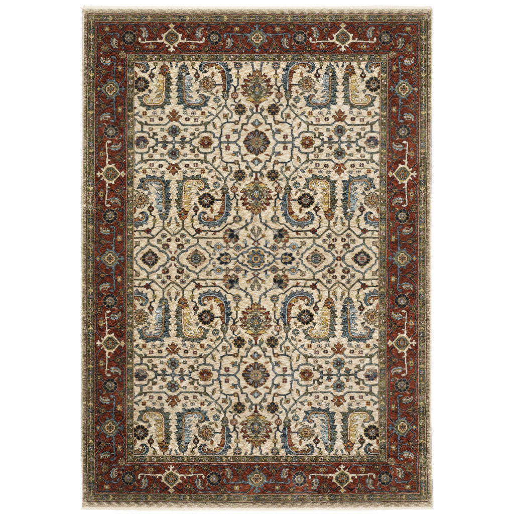 10 x 13 Ivory Red Green Grey Blue & Navy Oriental Power Loom Stain Resistant Rug With Fringe