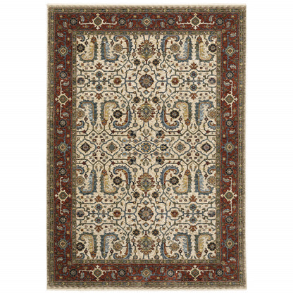 10 x 13 Ivory Red Green Grey Blue & Navy Oriental Power Loom Stain Resistant Rug With Fringe