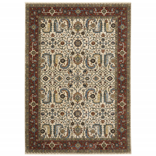 10 x 13 Ivory Red Green Grey Blue & Navy Oriental Power Loom Stain Resistant Rug With Fringe