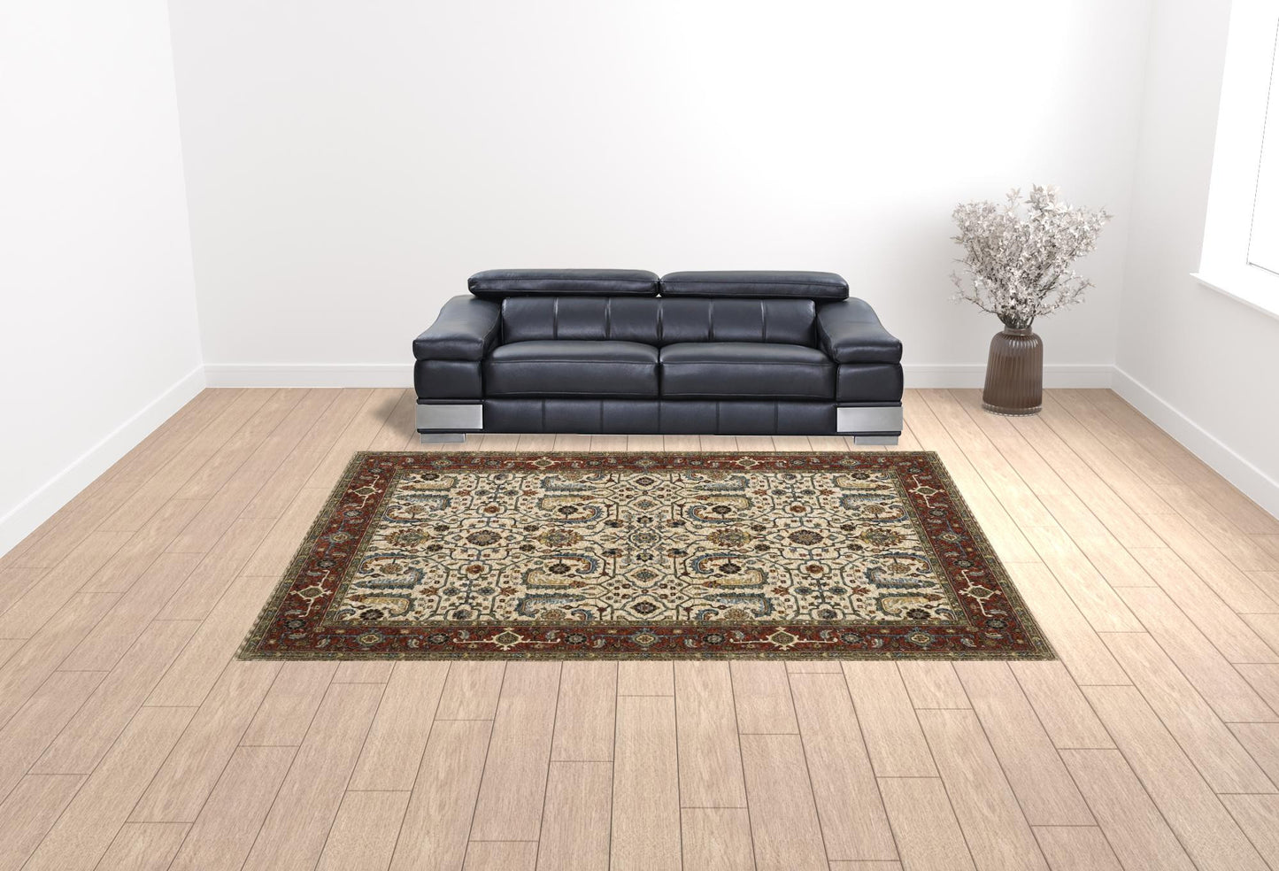 10 x 13 Ivory Red Green Grey Blue & Navy Oriental Power Loom Stain Resistant Rug With Fringe