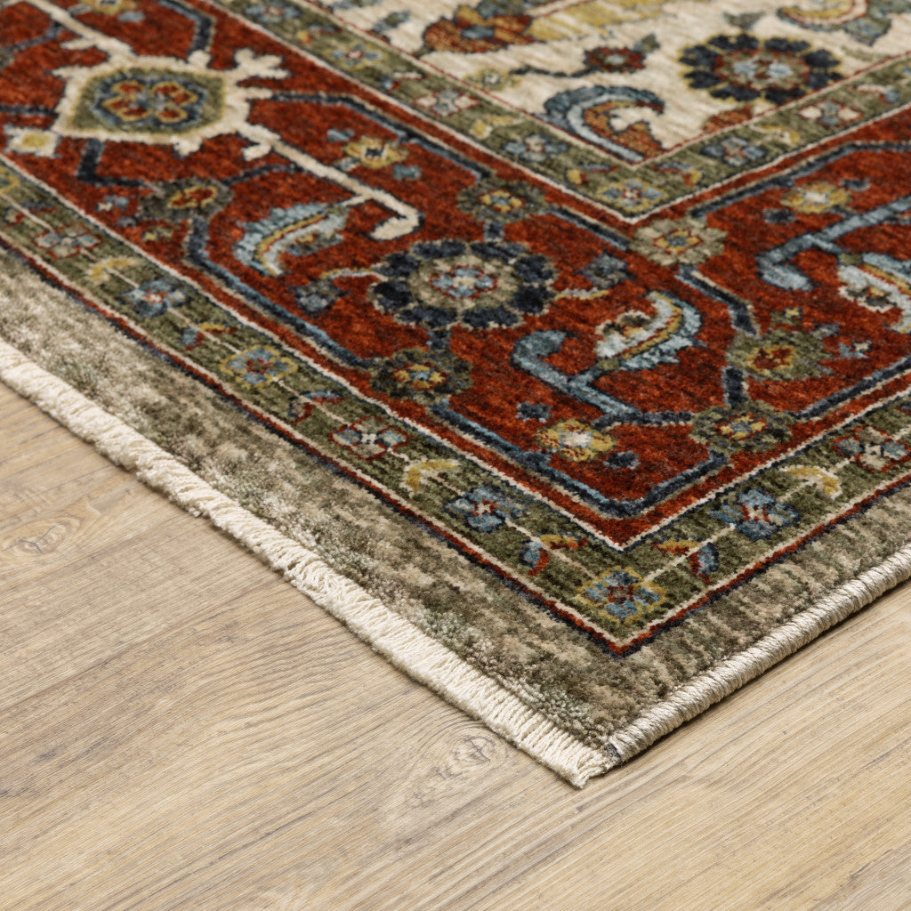 10 x 13 Ivory Red Green Grey Blue & Navy Oriental Power Loom Stain Resistant Rug With Fringe