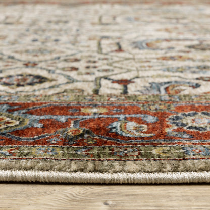 10 x 13 Ivory Red Green Grey Blue & Navy Oriental Power Loom Stain Resistant Rug With Fringe