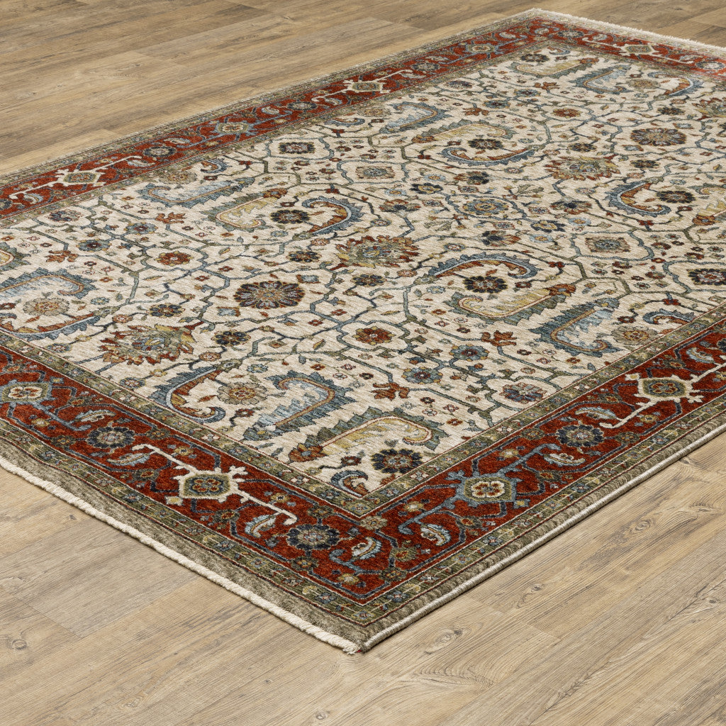 10 x 13 Ivory Red Green Grey Blue & Navy Oriental Power Loom Stain Resistant Rug With Fringe