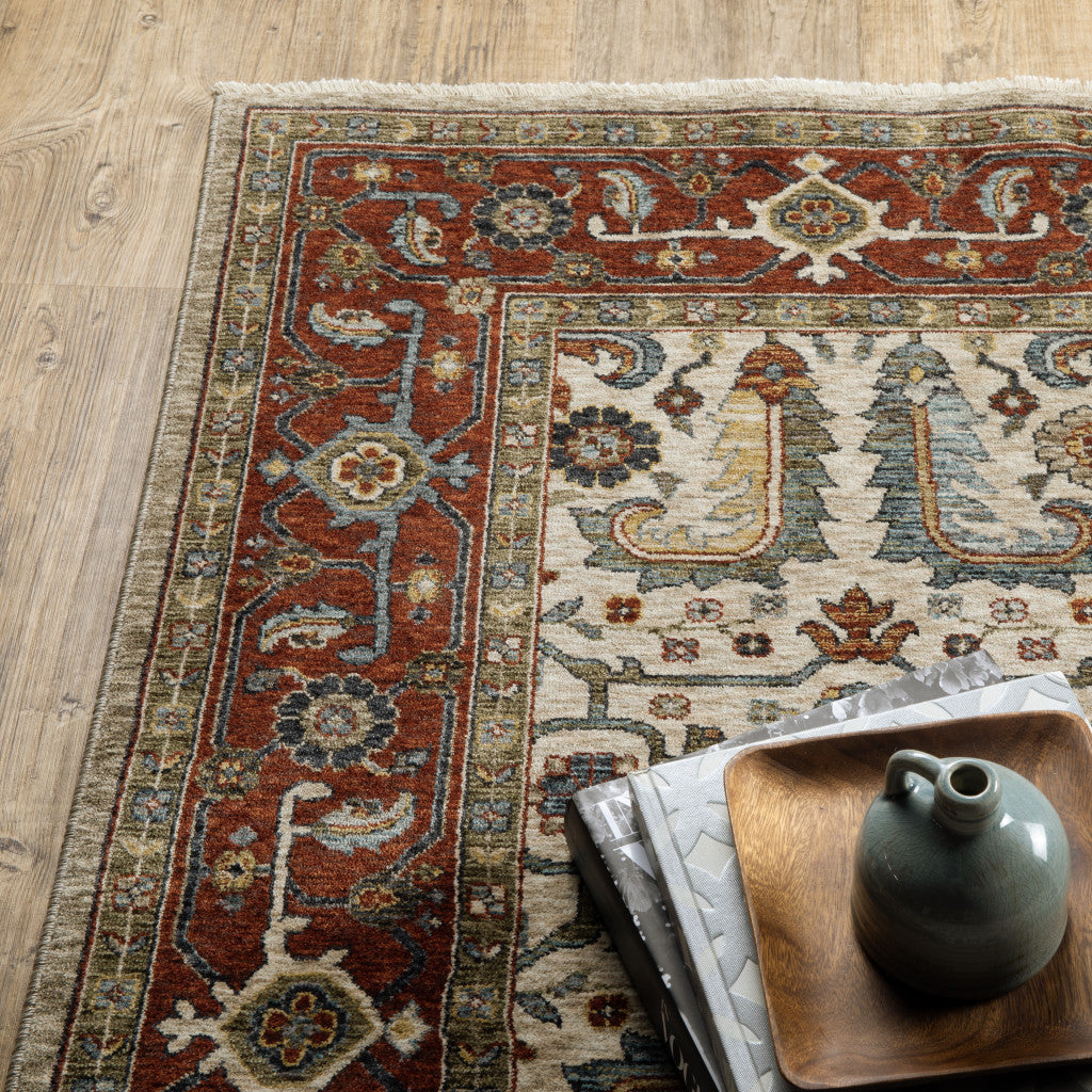 10 x 13 Ivory Red Green Grey Blue & Navy Oriental Power Loom Stain Resistant Rug With Fringe