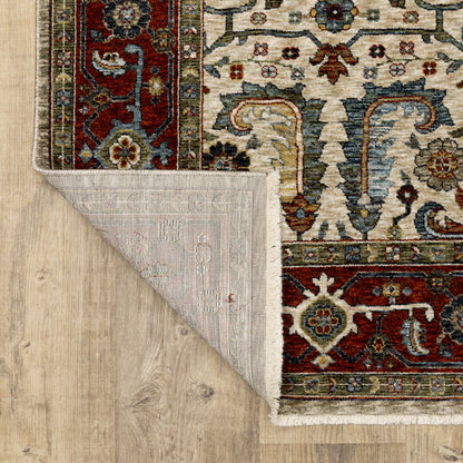 10 x 13 Ivory Red Green Grey Blue & Navy Oriental Power Loom Stain Resistant Rug With Fringe