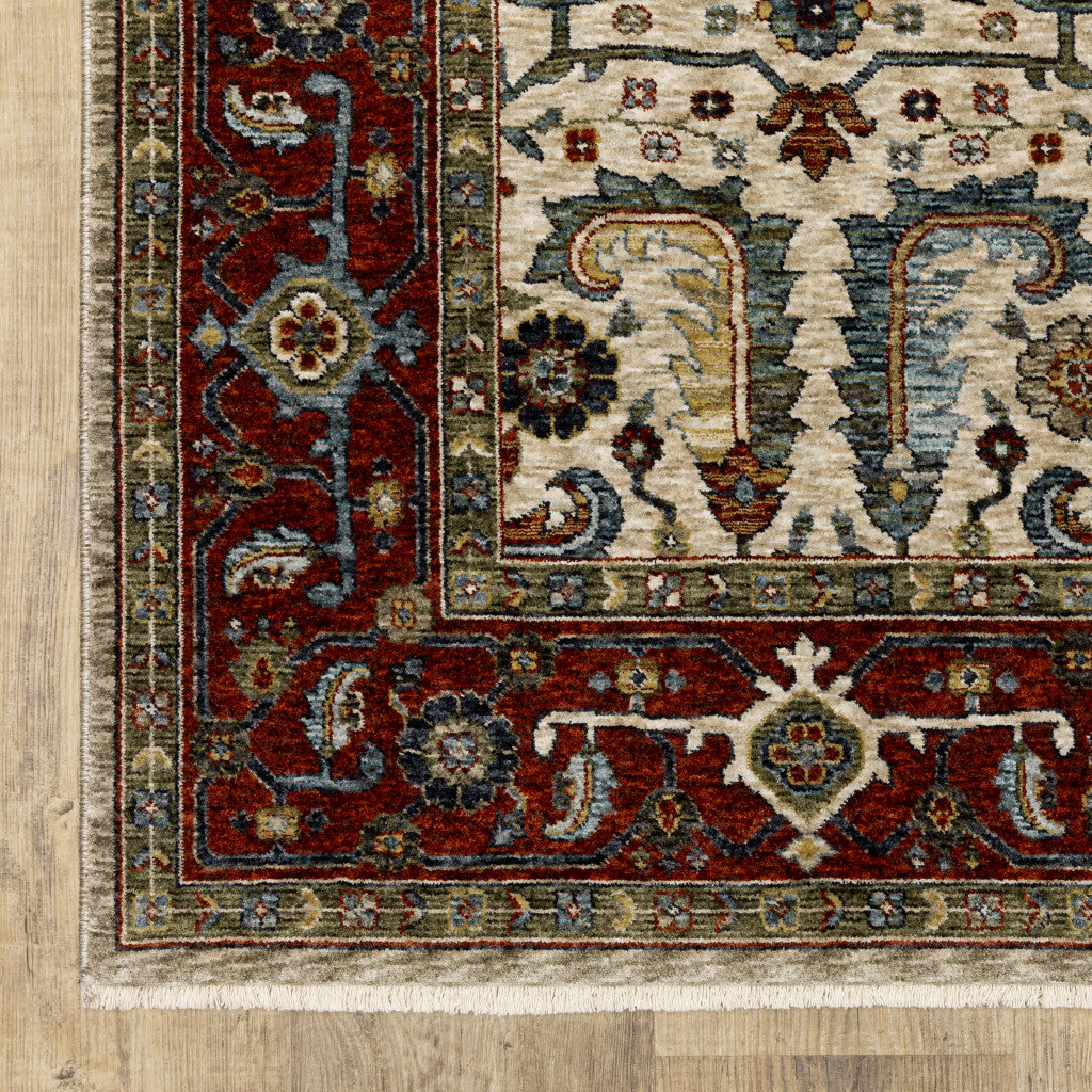 10 x 13 Ivory Red Green Grey Blue & Navy Oriental Power Loom Stain Resistant Rug With Fringe