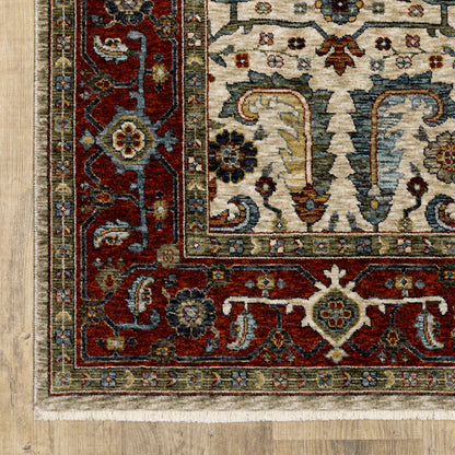 10 x 13 Ivory Red Green Grey Blue & Navy Oriental Power Loom Stain Resistant Rug With Fringe