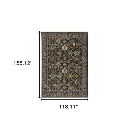 10 x 13 Blue Red Beige Orange Green & Rust Oriental Power Loom Stain Resistant Rug With Fringe