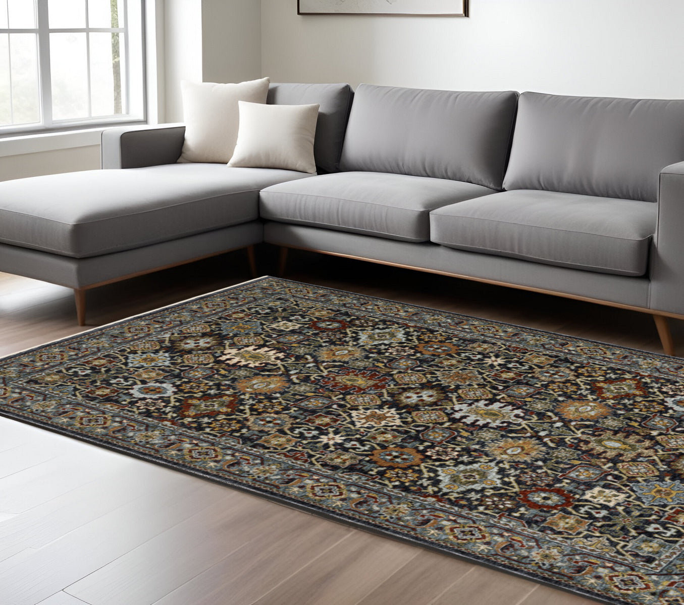 10 x 13 Blue Red Beige Orange Green & Rust Oriental Power Loom Stain Resistant Rug With Fringe