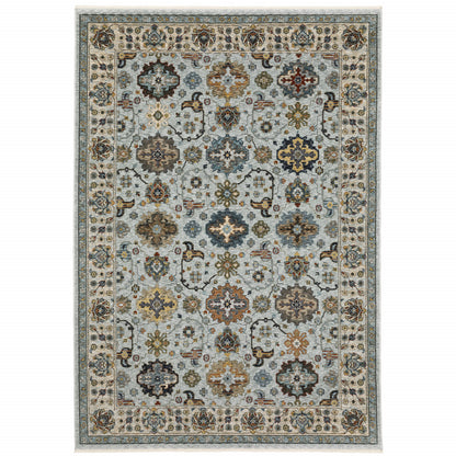 10 x 13 Blue Beige Grey Green Yellow & Rust Oriental Power Loom Stain Resistant Rug With Fringe
