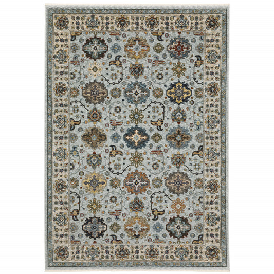 10 x 13 Blue Beige Grey Green Yellow & Rust Oriental Power Loom Stain Resistant Rug With Fringe