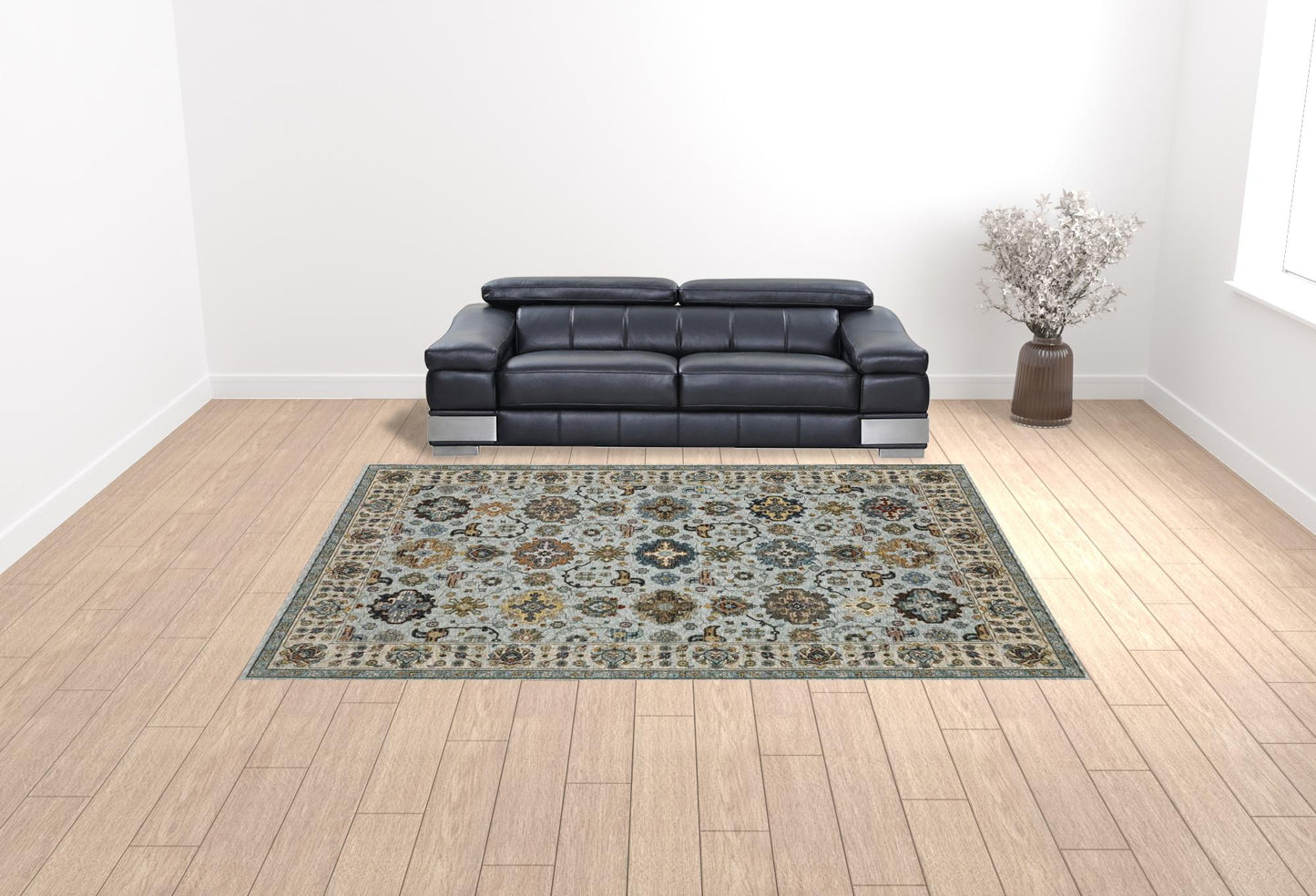 10 x 13 Blue Beige Grey Green Yellow & Rust Oriental Power Loom Stain Resistant Rug With Fringe