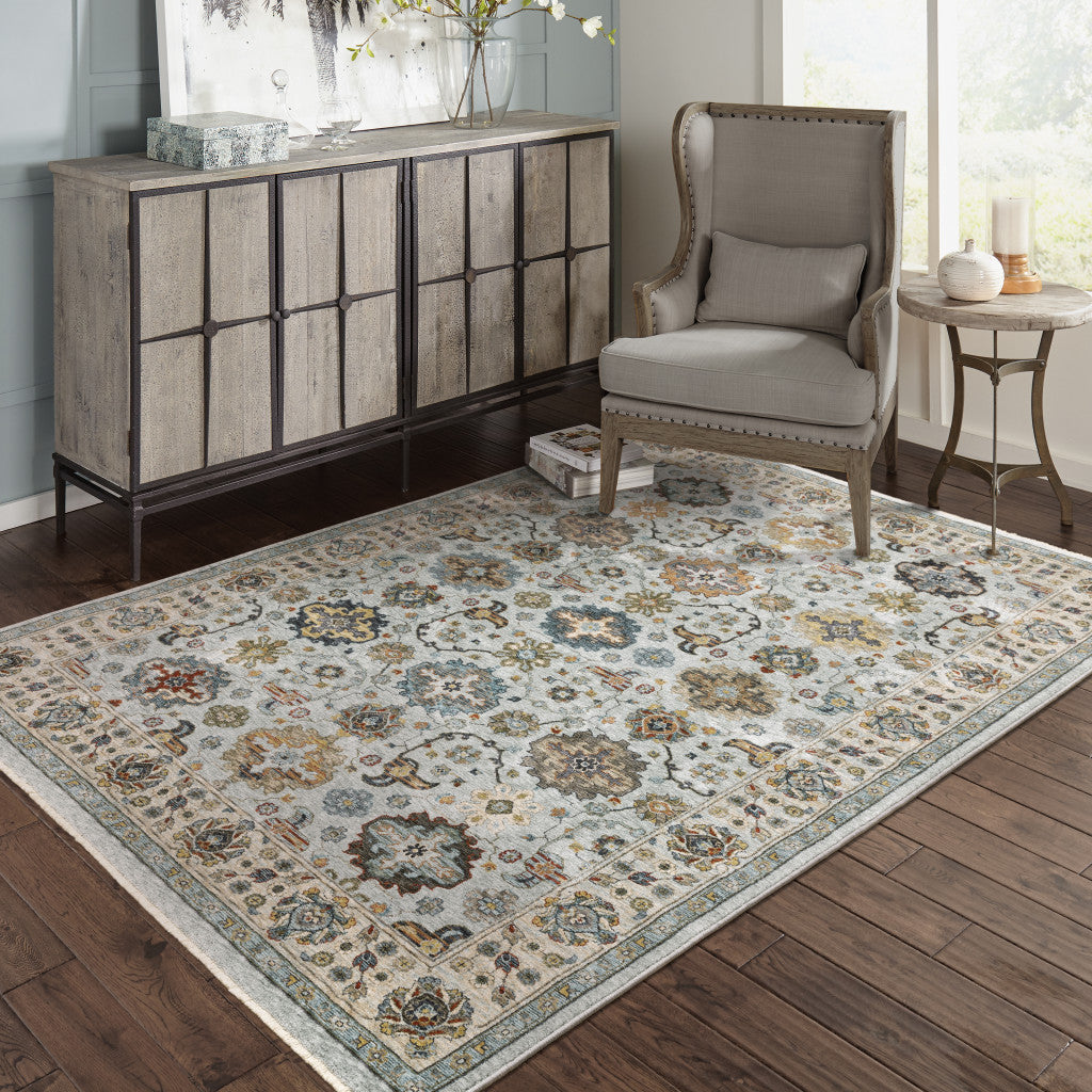 10 x 13 Blue Beige Grey Green Yellow & Rust Oriental Power Loom Stain Resistant Rug With Fringe