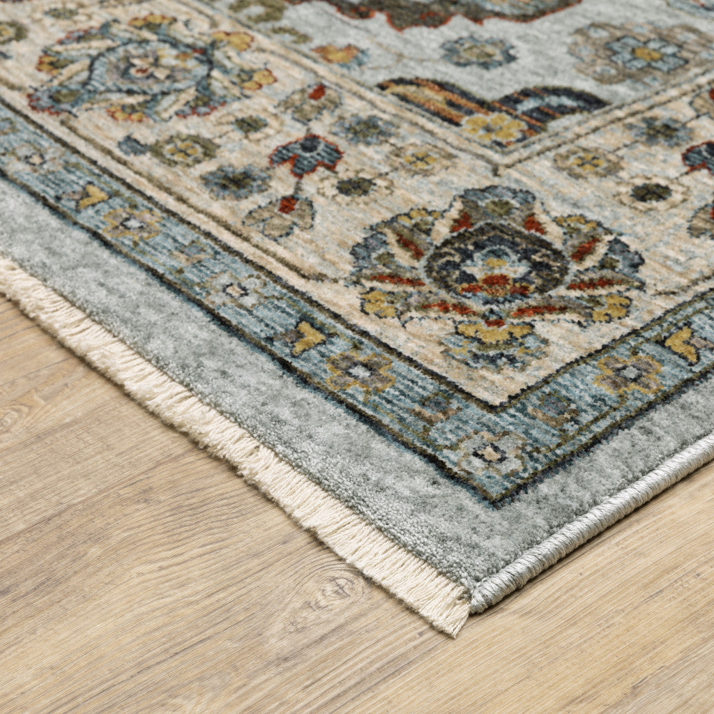 10 x 13 Blue Beige Grey Green Yellow & Rust Oriental Power Loom Stain Resistant Rug With Fringe