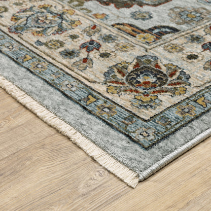 10 x 13 Blue Beige Grey Green Yellow & Rust Oriental Power Loom Stain Resistant Rug With Fringe