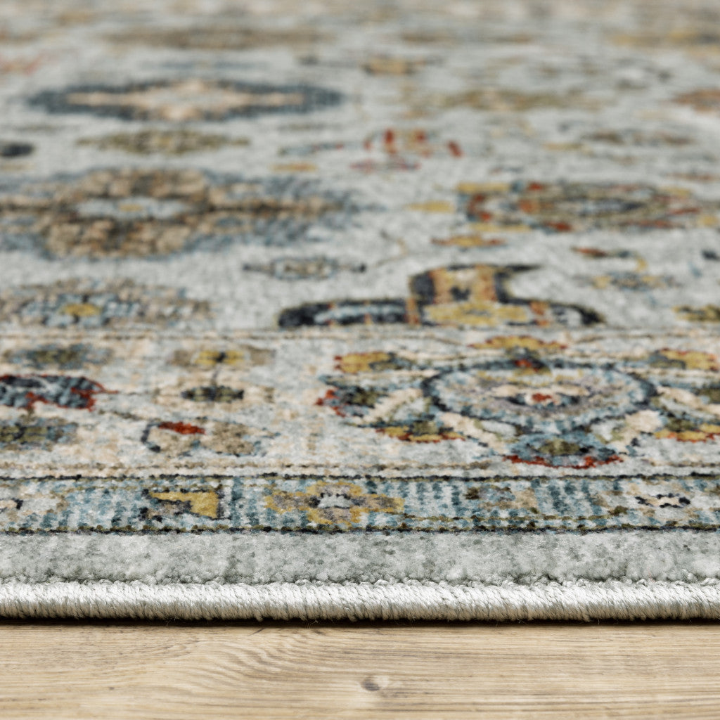 10 x 13 Blue Beige Grey Green Yellow & Rust Oriental Power Loom Stain Resistant Rug With Fringe