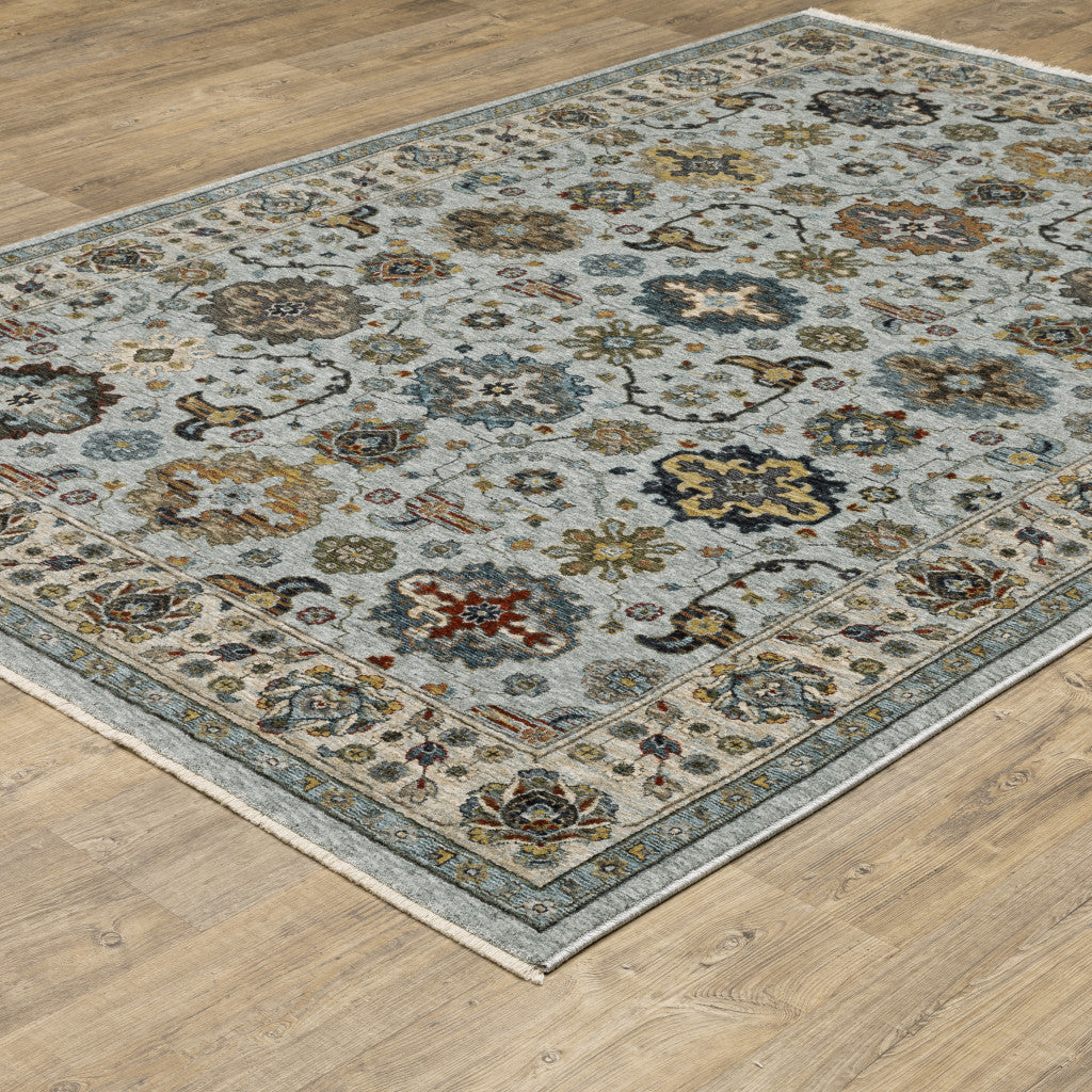 10 x 13 Blue Beige Grey Green Yellow & Rust Oriental Power Loom Stain Resistant Rug With Fringe