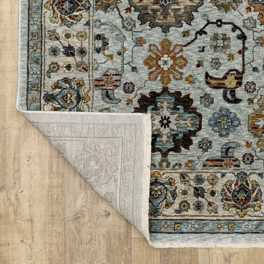 10 x 13 Blue Beige Grey Green Yellow & Rust Oriental Power Loom Stain Resistant Rug With Fringe