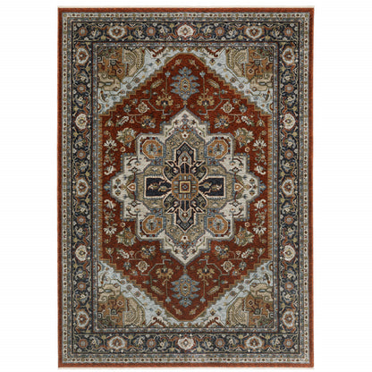 10 x 13 Blue Beige Grey Gold Green & Rust Red Oriental Power Loom Stain Resistant Rug With Fringe