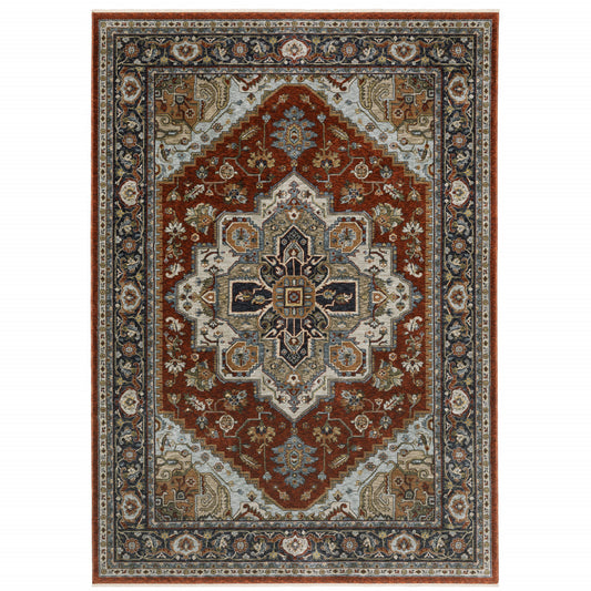 10 x 13 Blue Beige Grey Gold Green & Rust Red Oriental Power Loom Stain Resistant Rug With Fringe