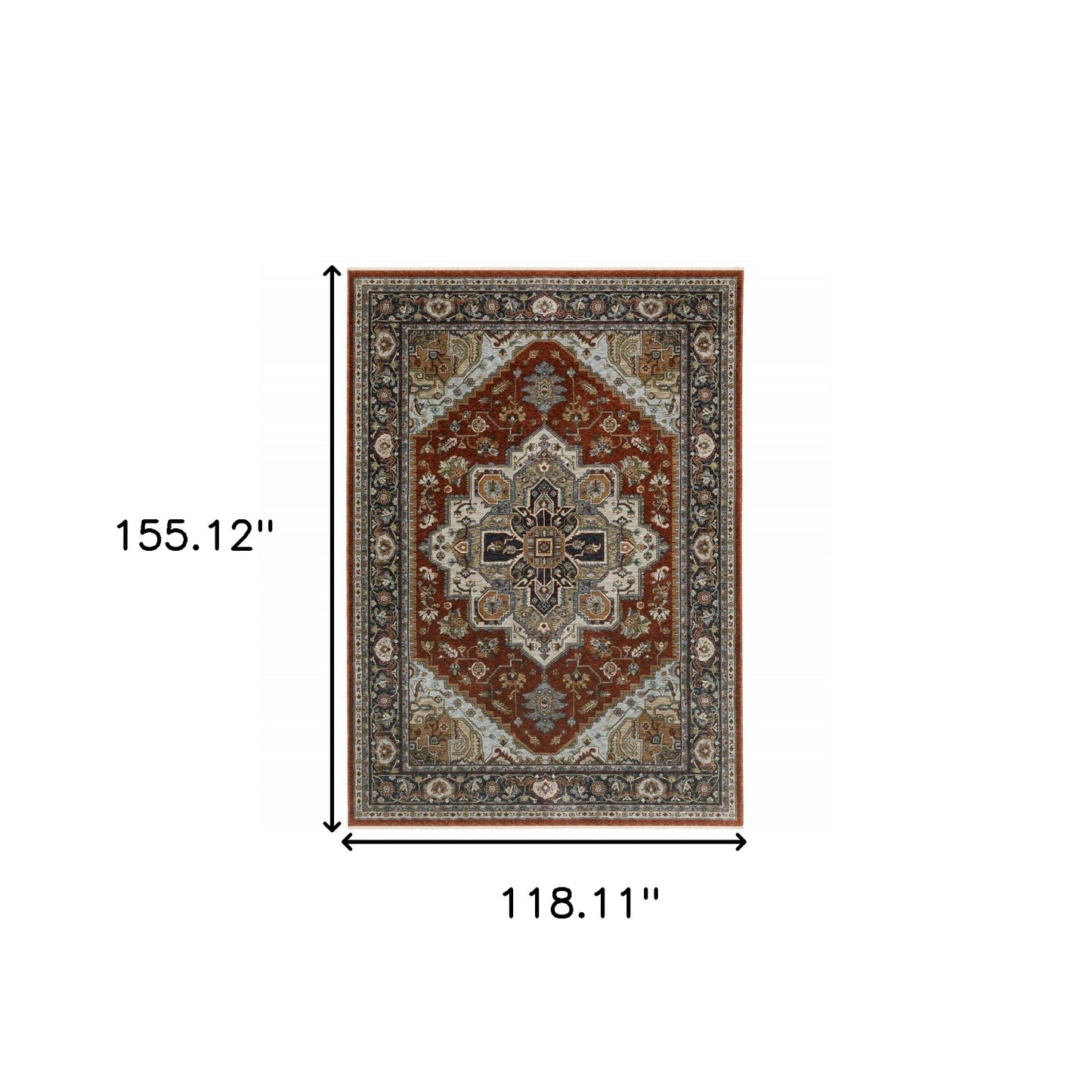 10 x 13 Blue Beige Grey Gold Green & Rust Red Oriental Power Loom Stain Resistant Rug With Fringe