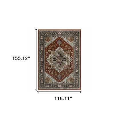 10 x 13 Blue Beige Grey Gold Green & Rust Red Oriental Power Loom Stain Resistant Rug With Fringe