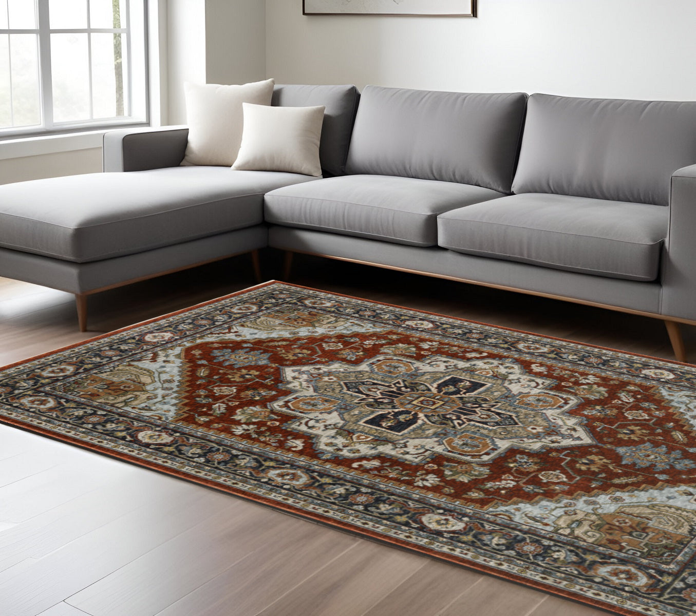 10 x 13 Blue Beige Grey Gold Green & Rust Red Oriental Power Loom Stain Resistant Rug With Fringe