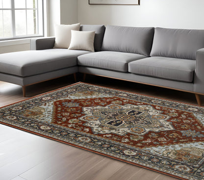10 x 13 Blue Beige Grey Gold Green & Rust Red Oriental Power Loom Stain Resistant Rug With Fringe