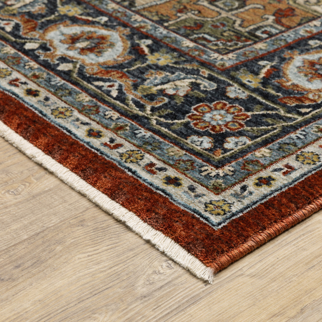 10 x 13 Blue Beige Grey Gold Green & Rust Red Oriental Power Loom Stain Resistant Rug With Fringe