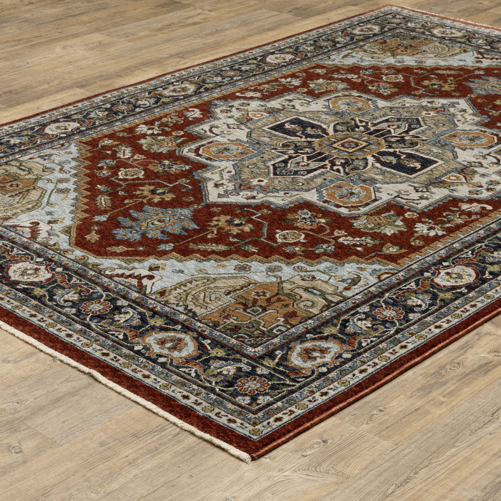 10 x 13 Blue Beige Grey Gold Green & Rust Red Oriental Power Loom Stain Resistant Rug With Fringe