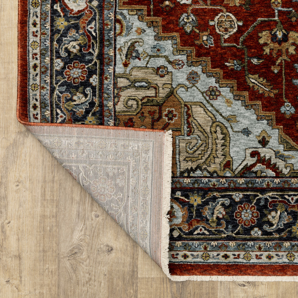10 x 13 Blue Beige Grey Gold Green & Rust Red Oriental Power Loom Stain Resistant Rug With Fringe