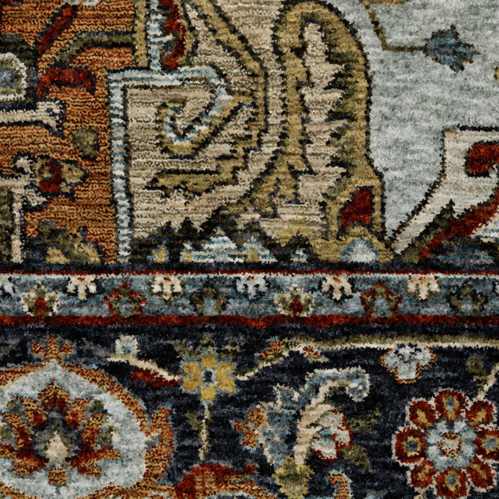 10 x 13 Blue Beige Grey Gold Green & Rust Red Oriental Power Loom Stain Resistant Rug With Fringe