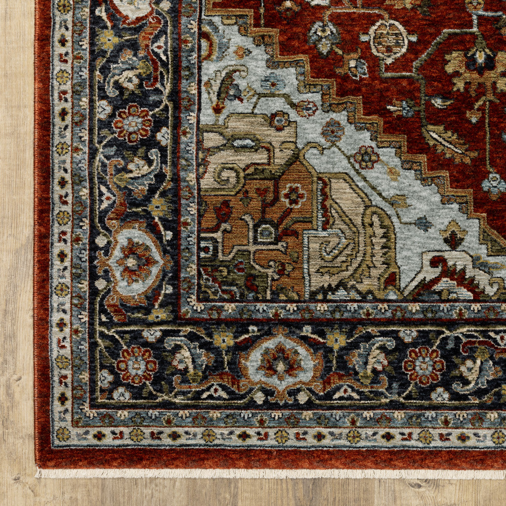 10 x 13 Blue Beige Grey Gold Green & Rust Red Oriental Power Loom Stain Resistant Rug With Fringe