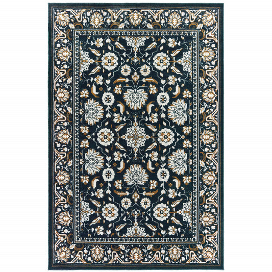 10 x 13 Navy Caramel & Ivory Oriental Power Loom Stain Resistant Rug