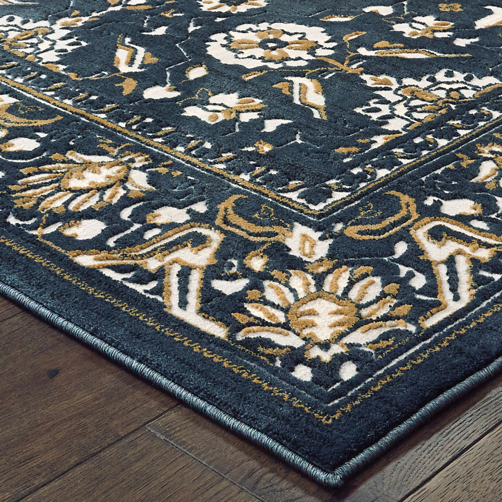 10 x 13 Navy Caramel & Ivory Oriental Power Loom Stain Resistant Rug