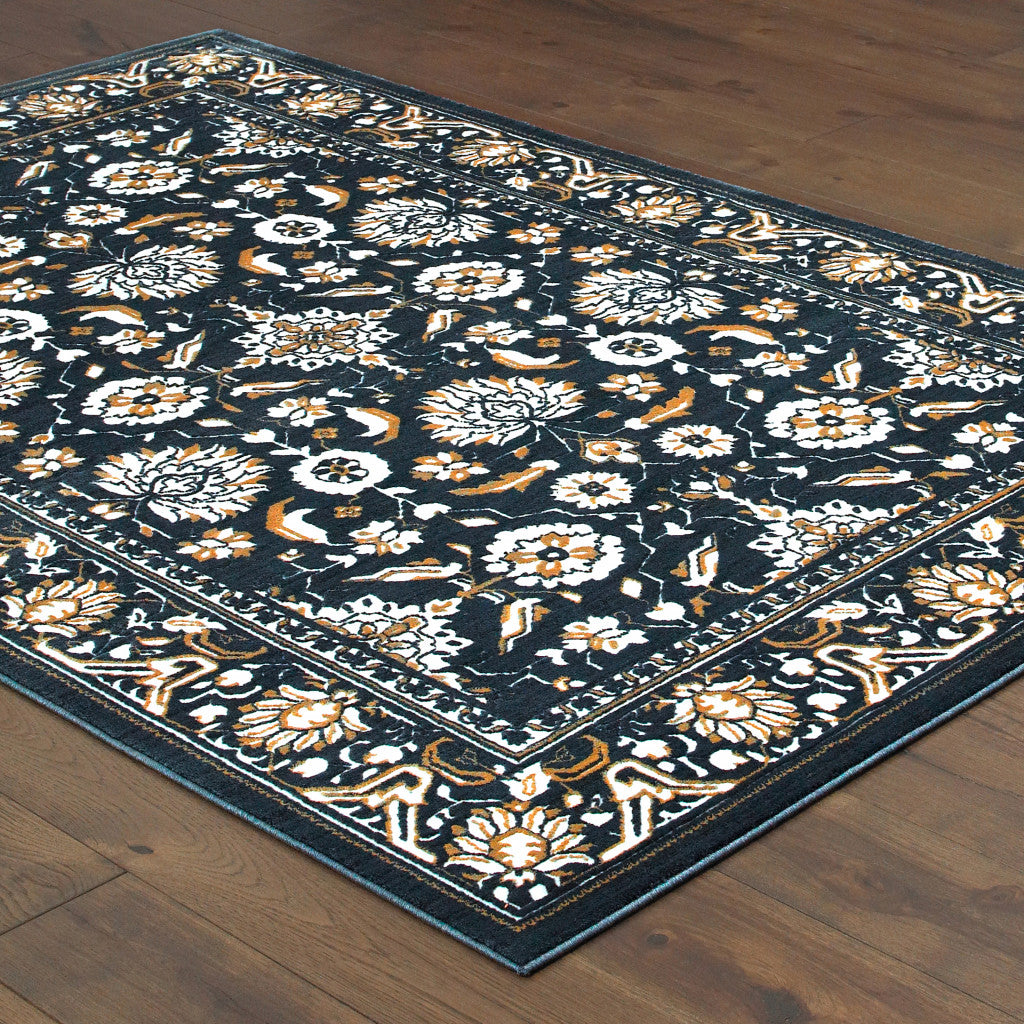 10 x 13 Navy Caramel & Ivory Oriental Power Loom Stain Resistant Rug
