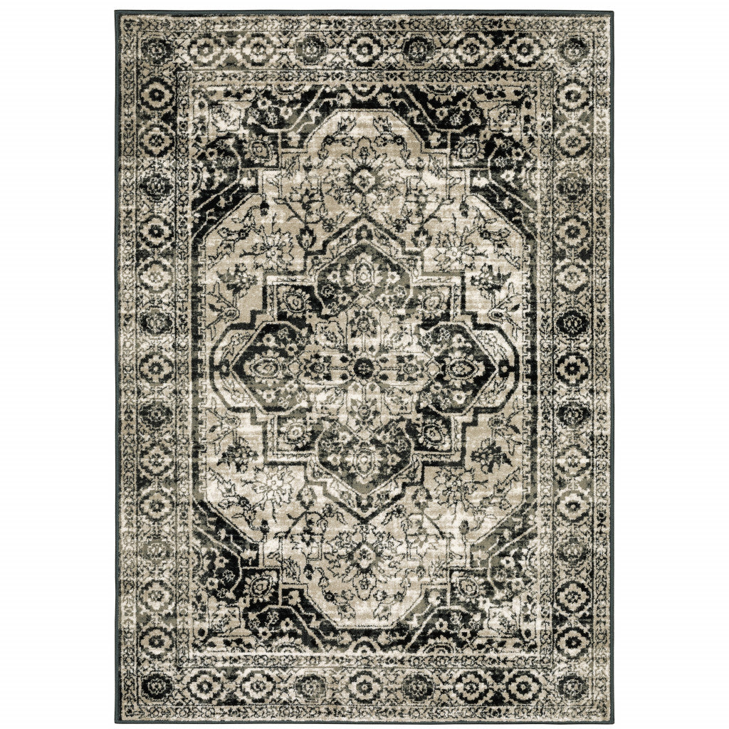 10 x 13 Black Grey Tan & Ivory Oriental Power Loom Stain Resistant Rug