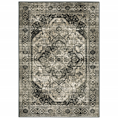 10 x 13 Black Grey Tan & Ivory Oriental Power Loom Stain Resistant Rug