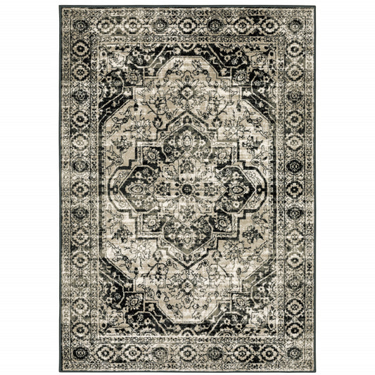 10 x 13 Black Grey Tan & Ivory Oriental Power Loom Stain Resistant Rug