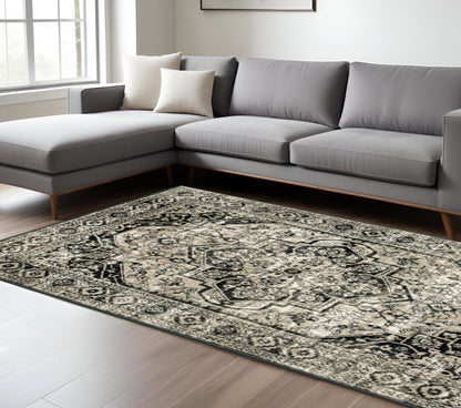 10 x 13 Black Grey Tan & Ivory Oriental Power Loom Stain Resistant Rug