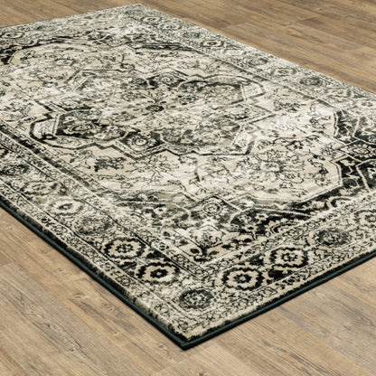 10 x 13 Black Grey Tan & Ivory Oriental Power Loom Stain Resistant Rug