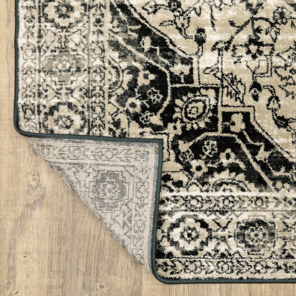 10 x 13 Black Grey Tan & Ivory Oriental Power Loom Stain Resistant Rug