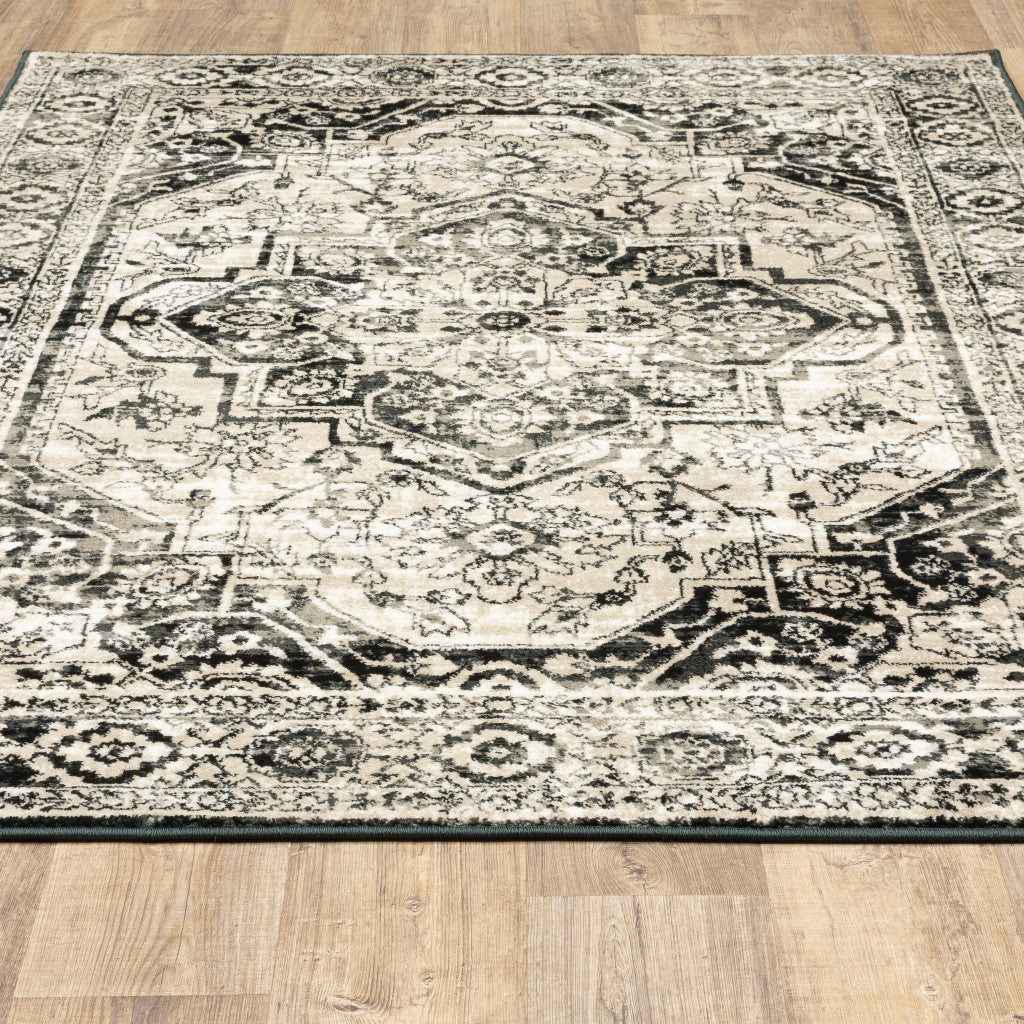 10 x 13 Black Grey Tan & Ivory Oriental Power Loom Stain Resistant Rug