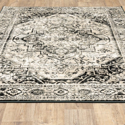 10 x 13 Black Grey Tan & Ivory Oriental Power Loom Stain Resistant Rug
